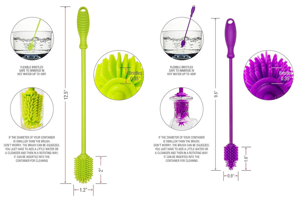 A-Brush Silicone Bottle Cleaner Brush, 2 Piece Set, Flexible, Long Handle - Water Bottle Cleaner