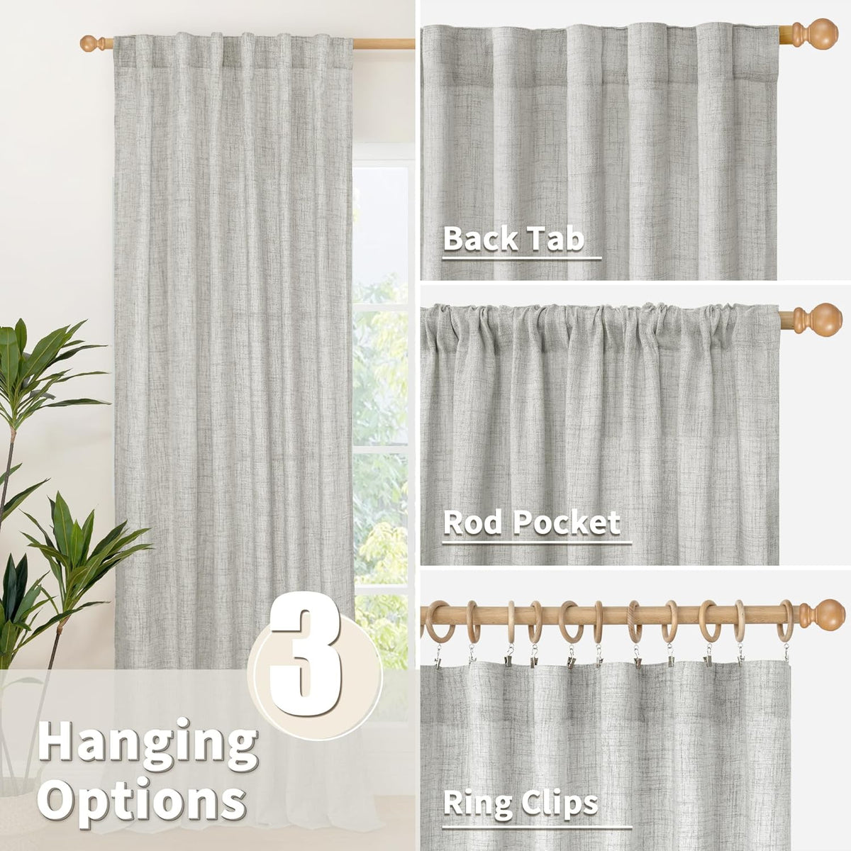 YoungsTex Light Grey Linen Semi Sheer Curtains for Living Room 2 Panels, Textured Light Filtering