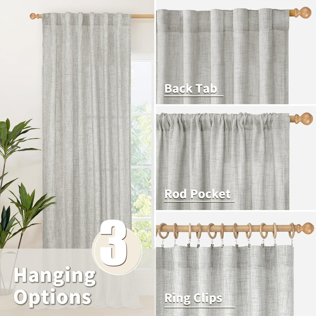 YoungsTex Light Grey Linen Semi Sheer Curtains 84 Inch Length for Living Room 2 Panels Set, Light