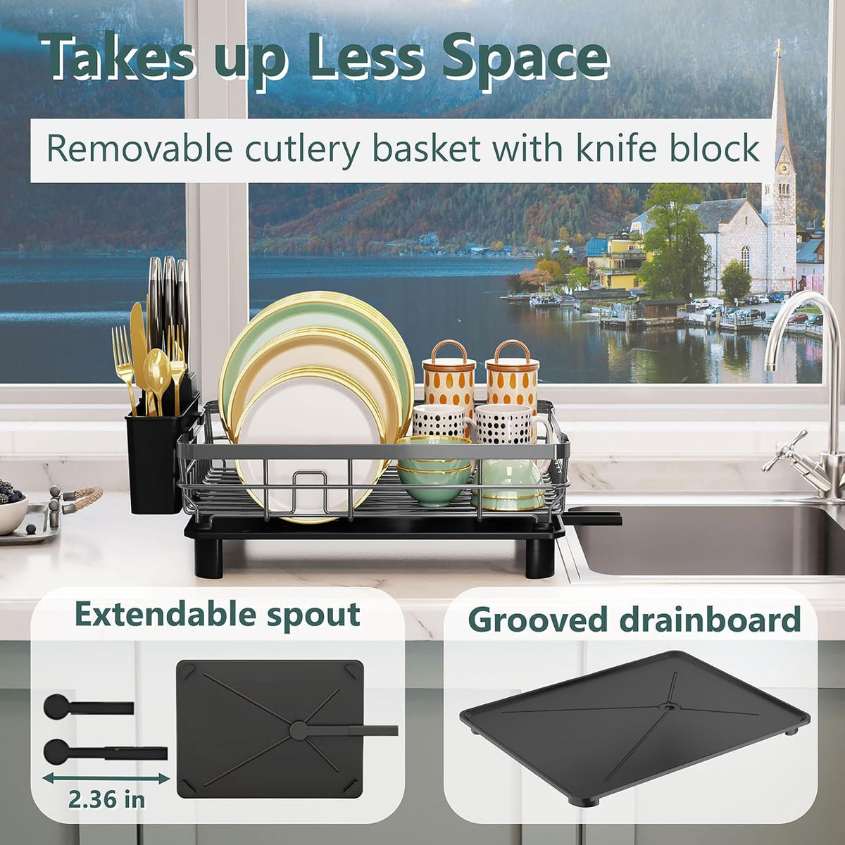 Iron Dish Drying Rack with Drainboard Dish Drainers for Kitchen Counter Extendable Spout Strainers