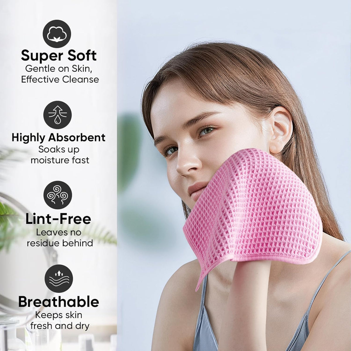 Microfiber Waffle Face Towels, 2 Pieces, Soft, Absorbent, Fast Drying, Lint Free (Pink)
