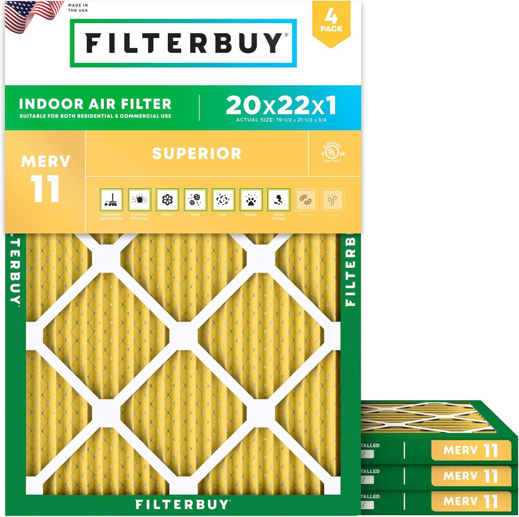 Filterbuy 20x22x1 Air Filter MERV 11 (MPR 1200) Allergen Defense Replacement (4-Pack)