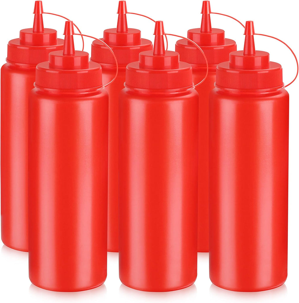New Star Foodservice 533746 Squeeze Bottles, Plastic, Wide Mouth, 32 oz, Red, Pack of 6