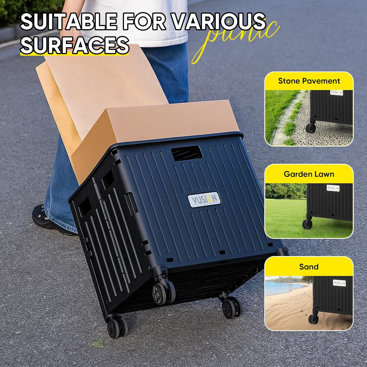 VUSIGN Folding Utility Cart, Foldable Rolling Crate Handcart with Lid, Portable Collapsible
