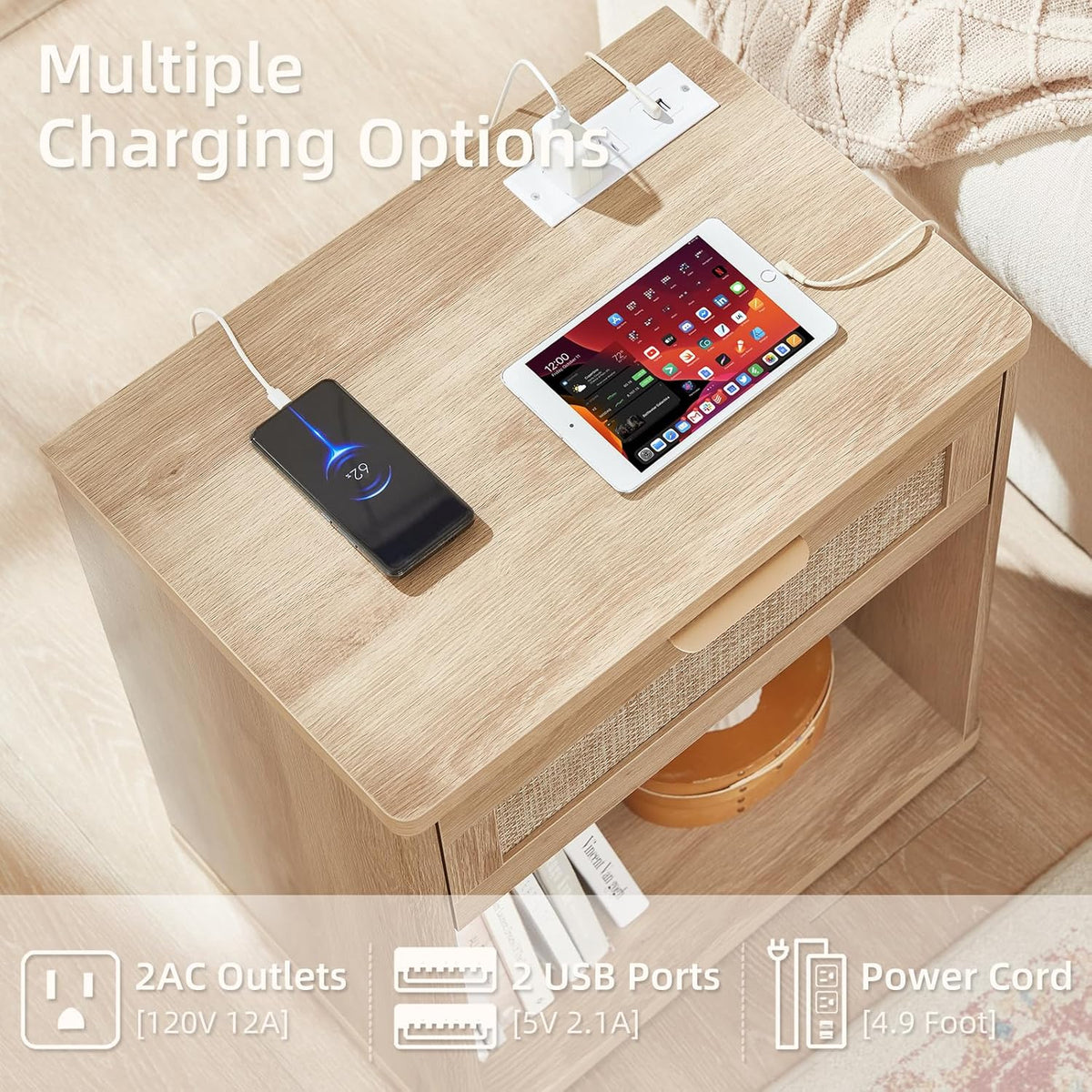 LEYAOYAO Rattan Nightstands Set of 2 with Charging Station, 23" Wide Boho Night Stand with Drawer