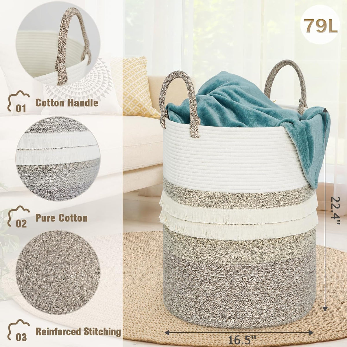 danpinera 79 L Large Laundry Basket, Tall Woven Cotton Storage Hamper with Handles, Dirty Clothes