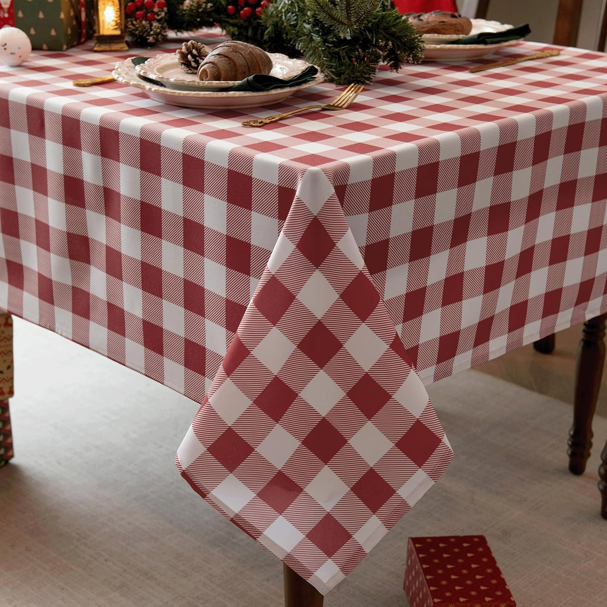 Classic Gingham Tablecloth Fabric - Oblong 58x120 Water Resistant Chequered Pattern Table Cloth for