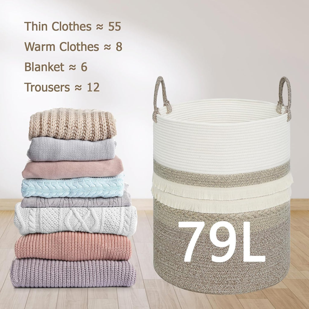 danpinera 79 L Large Laundry Basket, Tall Woven Cotton Storage Hamper with Handles, Dirty Clothes