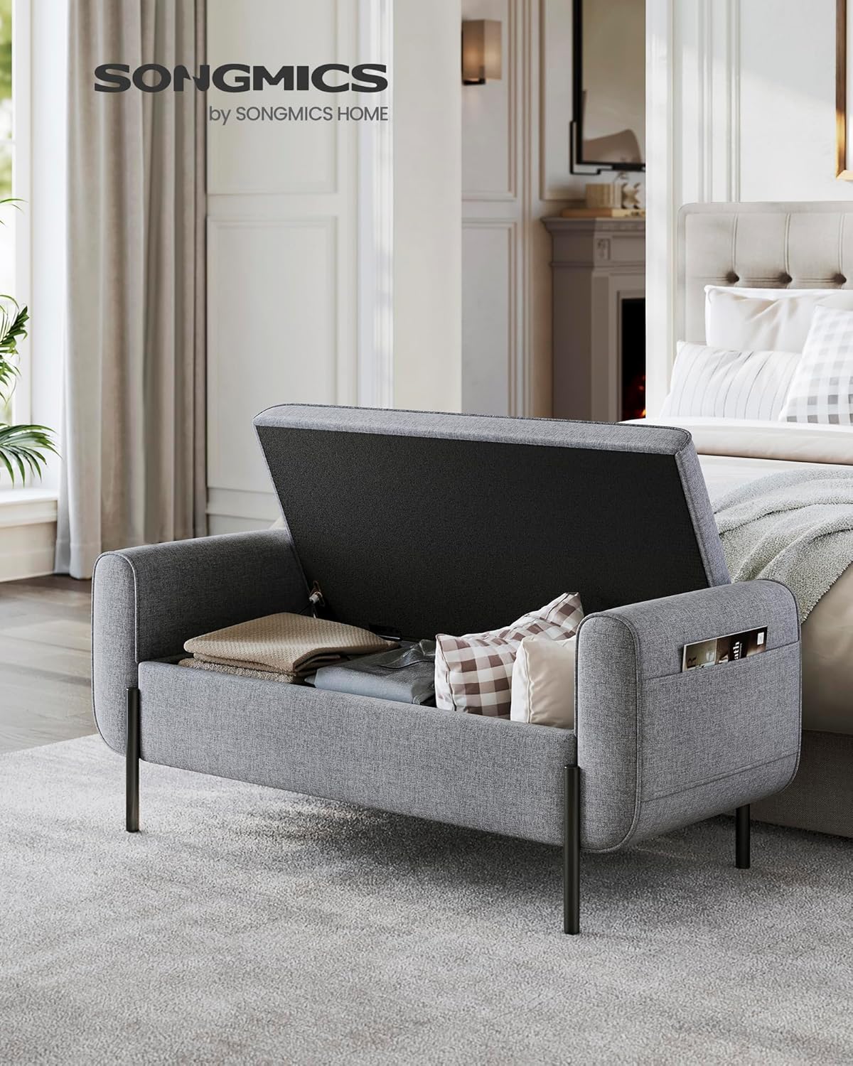 SONGMICS Storage Bench with Armrests, Ottoman for Living Room, Bedroom, Entryway, Steel Legs, Light