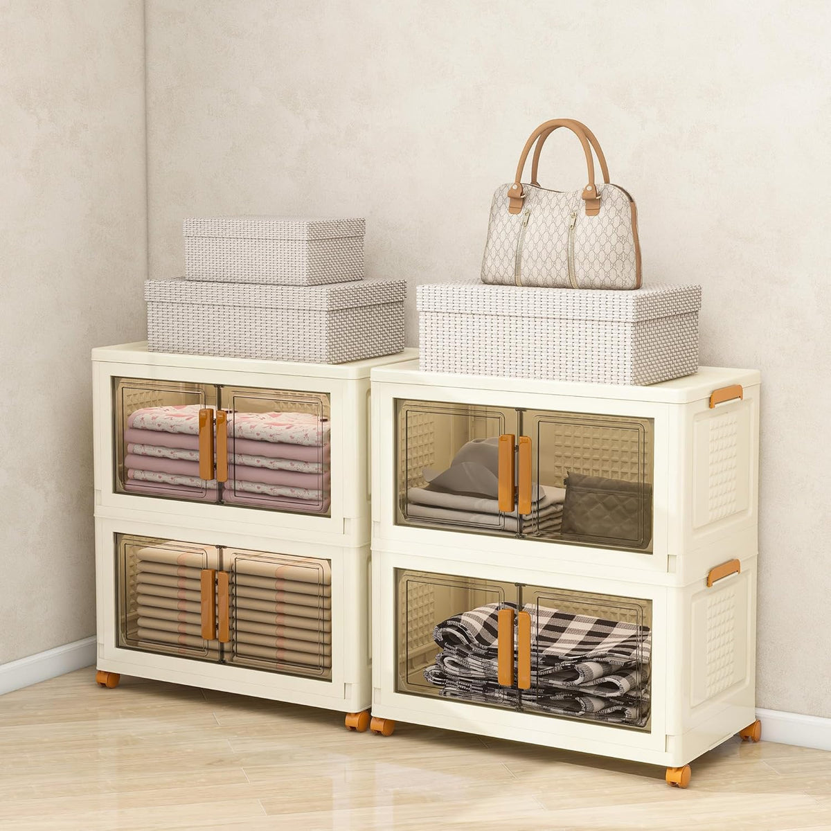 Plastic Stackable Storage Bins with Lids and Wheels, Foldable Closet Organizers and Storage