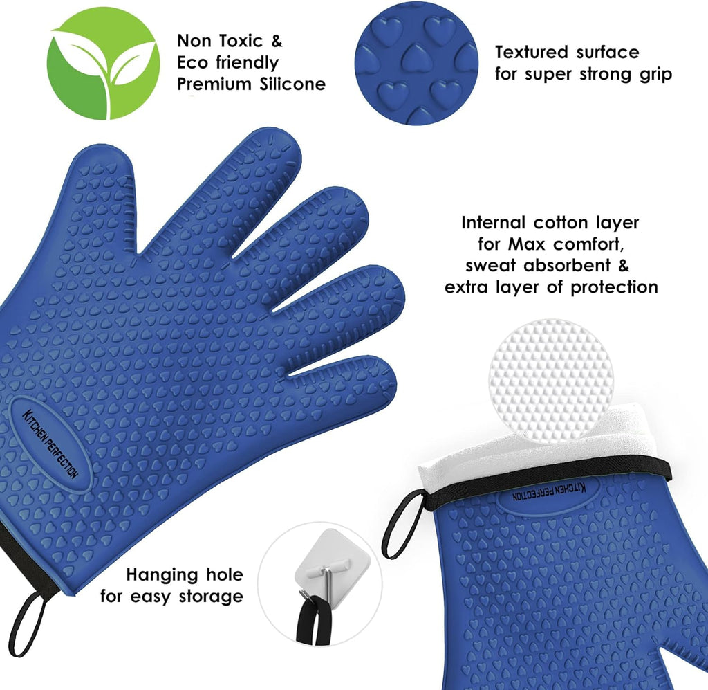 KITCHEN PERFECTION XL Silicone Smoker Oven Gloves-Extreme Heat Resistant BBQ Gloves-Handle Hot Food