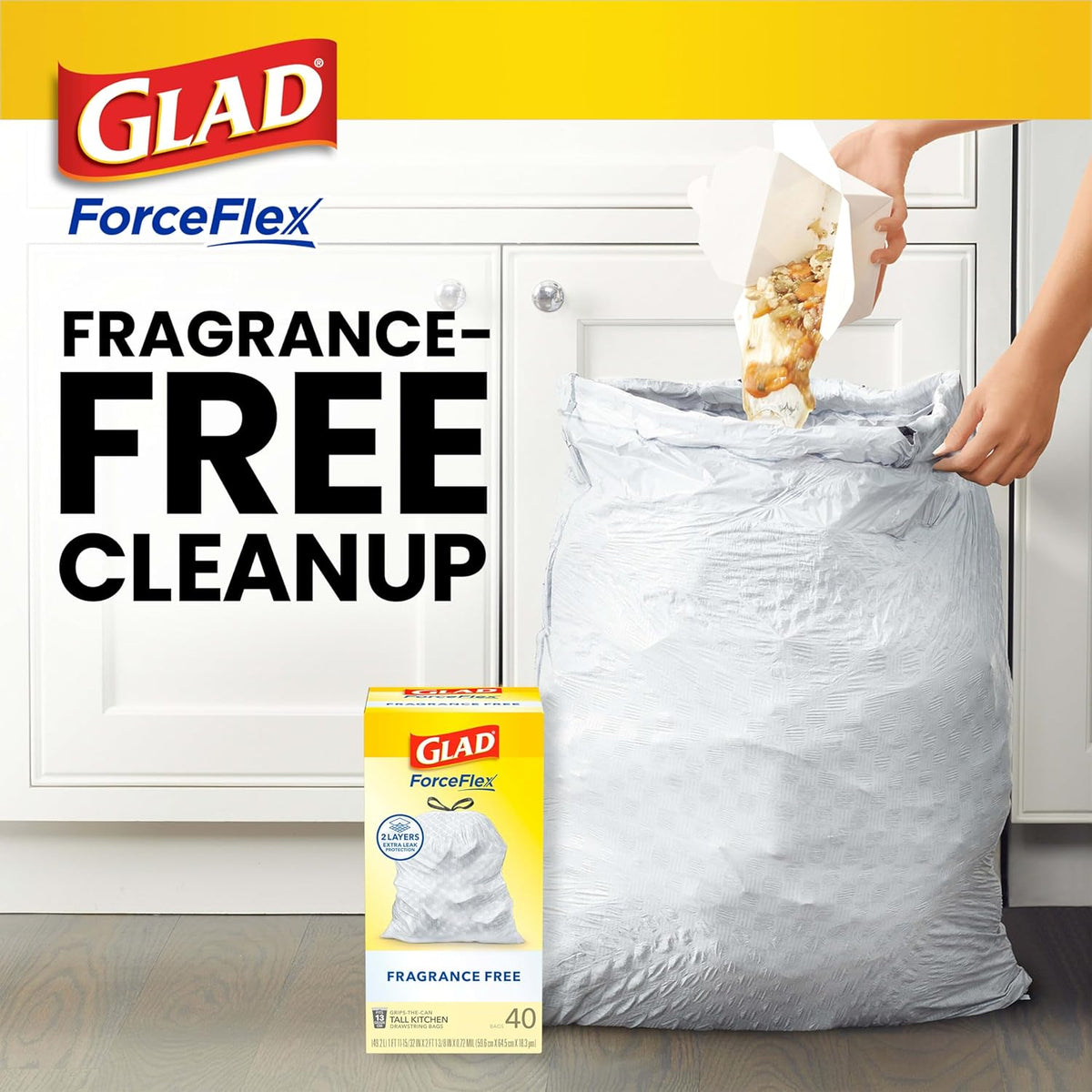 Glad Trash Bags, ForceFlex Tall Kitchen Drawstring Garbage Bags, 13 Gal, Fragrance Free, 80 Ct