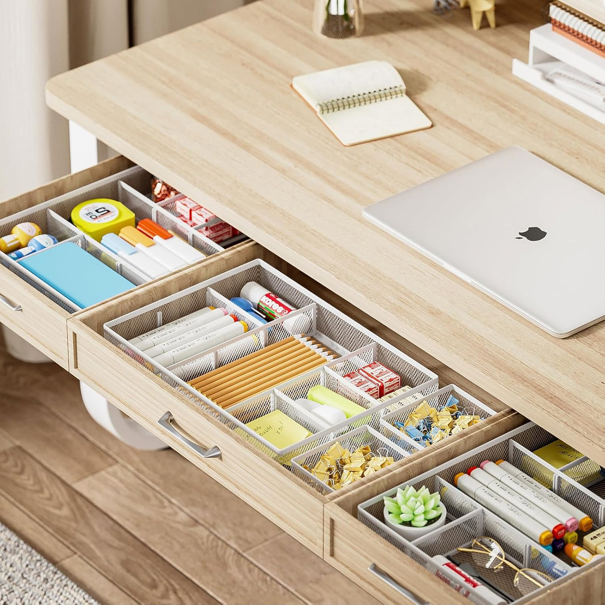 Marbrasse 3 Packs White Desk Drawer Organizers,Drawer Organizer Tray with 9 Adjustable