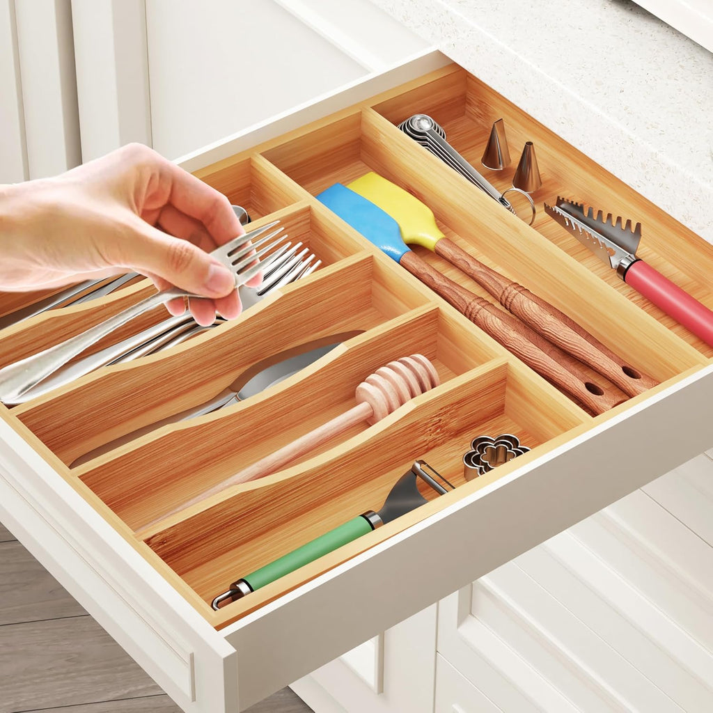 BAMEOS Bamboo Silverware Drawer Organizers, 11.9 inch Utensil Drawer Organizer for Kitchen Drawers