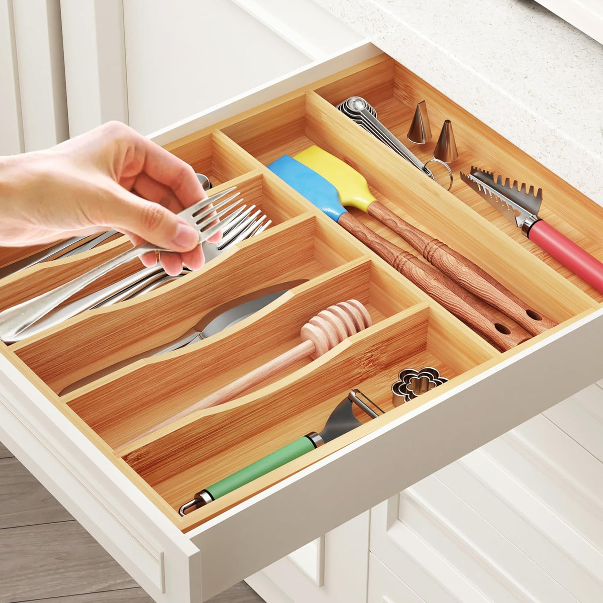 BAMEOS Bamboo Silverware Drawer Organizers, 11.9 inch Utensil Drawer Organizer for Kitchen Drawers