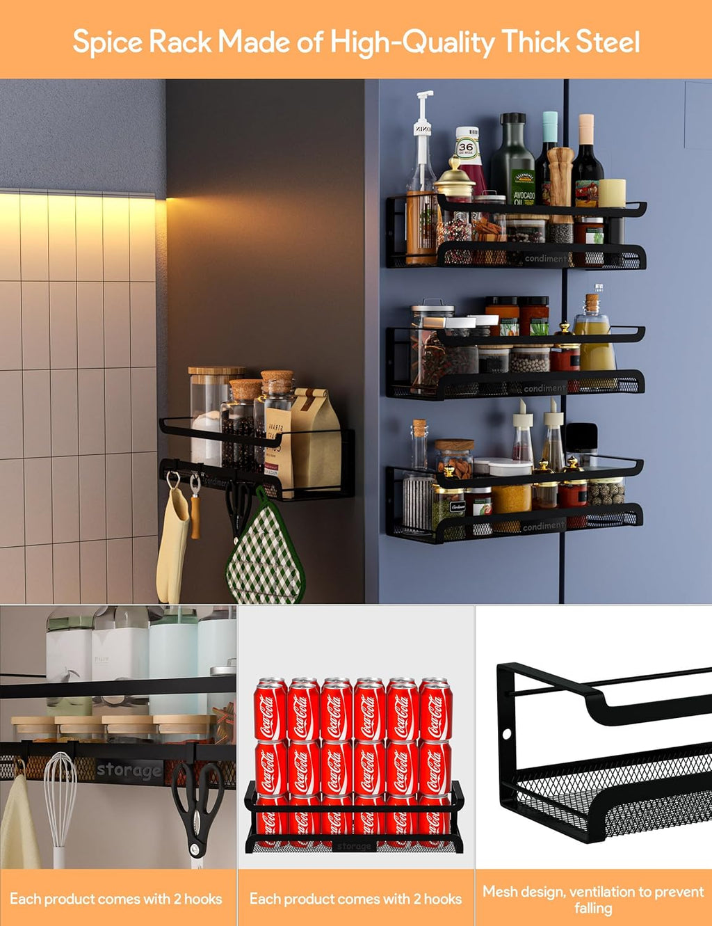 Spice Rack Wall Mount with Hooks - Spice Racks Organizer for Cabinet Storage, Wall Mounted Hanging