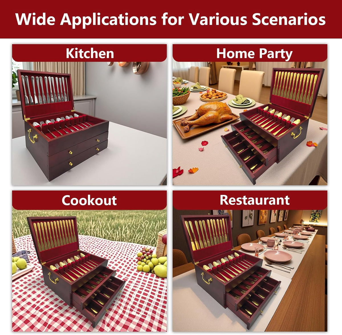 Silverware Storage Box, Kitchen Drawer Organizer, Drawer-containing flap-type storage box, Wood
