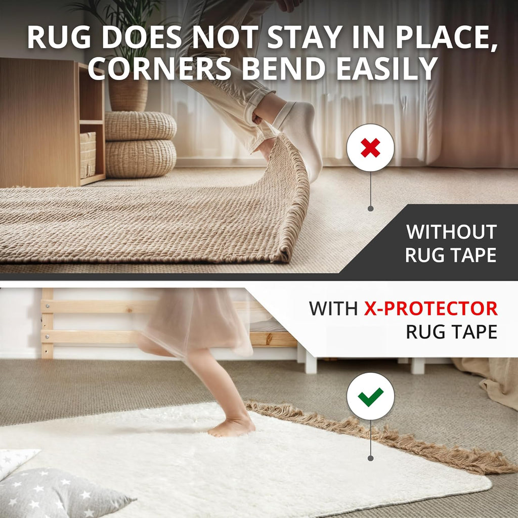 X-Protector Rug Tape for Carpet - 12 Pcs Set - White Anti-Slip & Anti-Curling Carpet Tape for Rugs