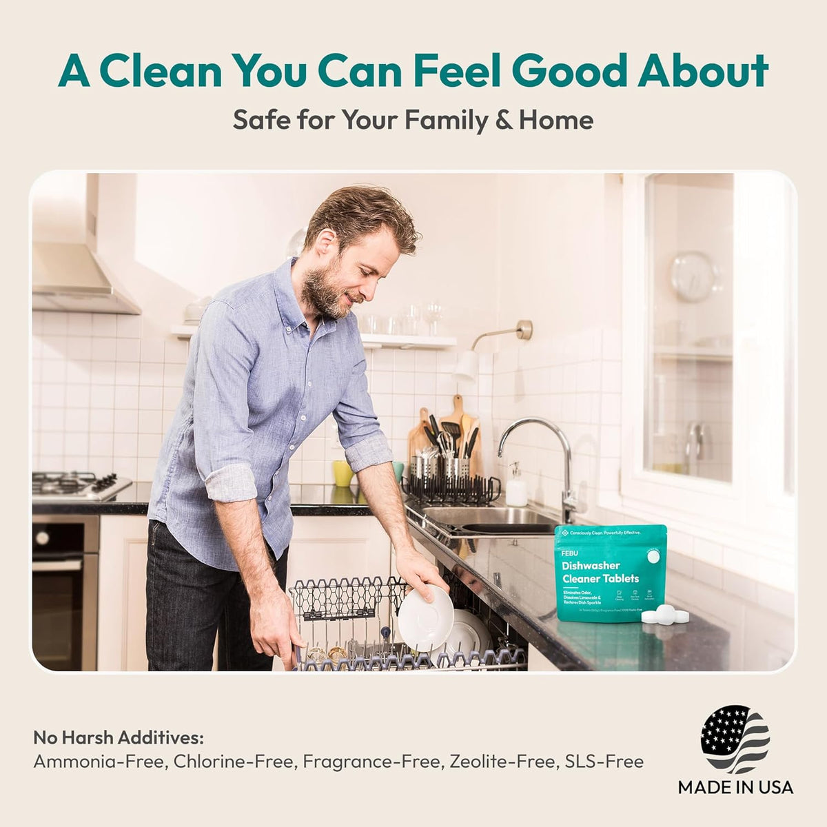 FEBU Dishwasher Cleaner Tablets Made in USA | Natural Dishwasher Cleaner and Deodorizer |