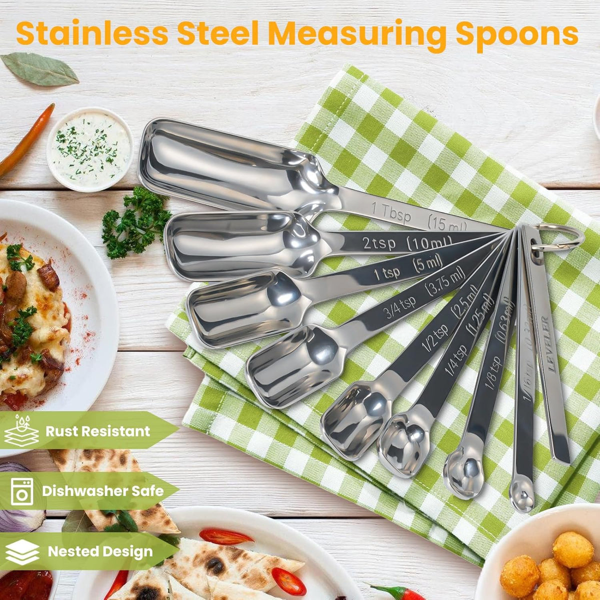 9 Pcs Measuring Spoons Set with Leveler, Metal Teaspoon & Tablespoon Measuring Spoons for Cooking &