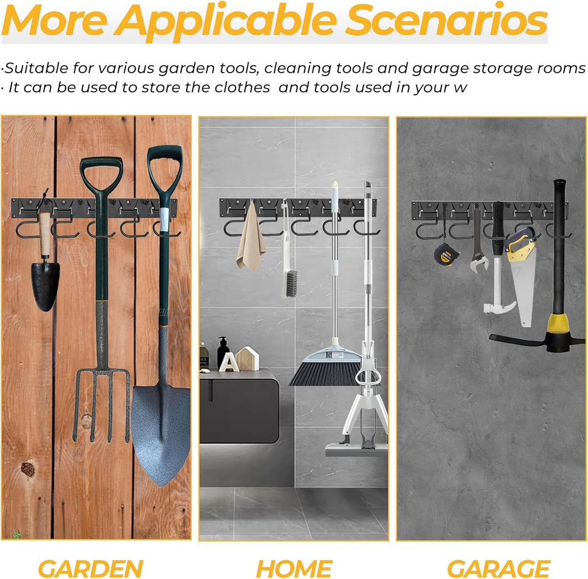 51 Inch Garden Tool Organizer Wall Mount with Non Slip Rubber Coated Metal Hooks, Storage Rack for
