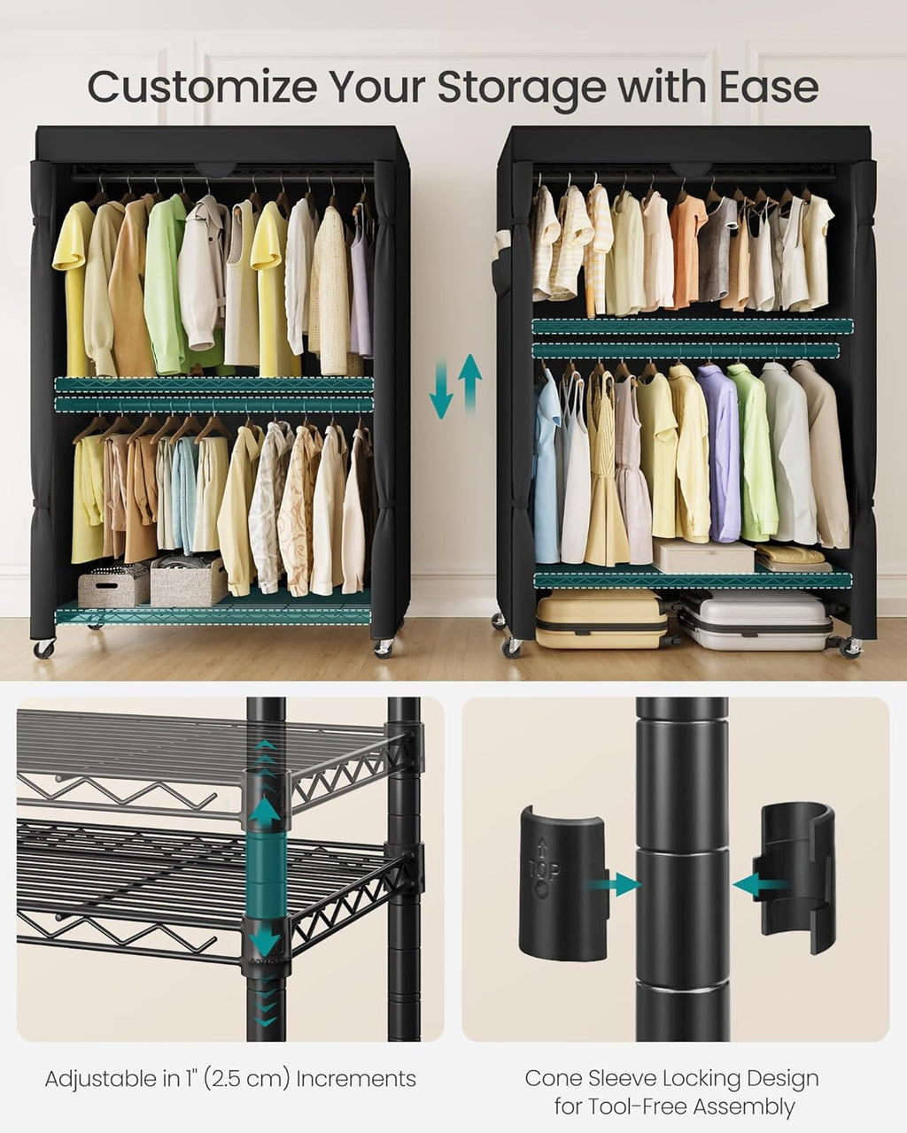 SONGMICS Heavy-Duty Rolling Clothes Rack, Garment Rack, Portable Closet, 43.3-Inch Wide Clothing