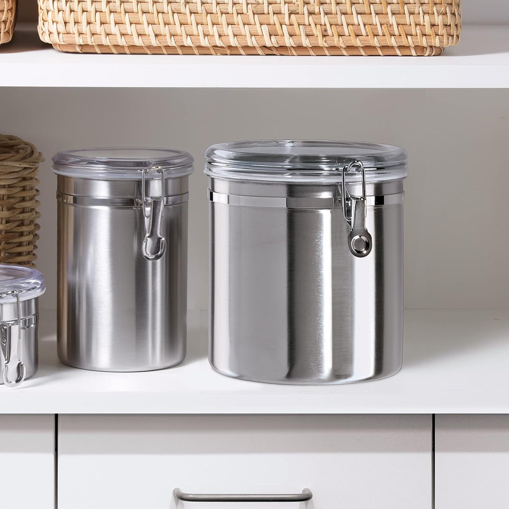 OGGI Stainless Steel Kitchen Canister 52 fl oz - Airtight Clamp Lid, Clear See-Thru Top - Ideal for
