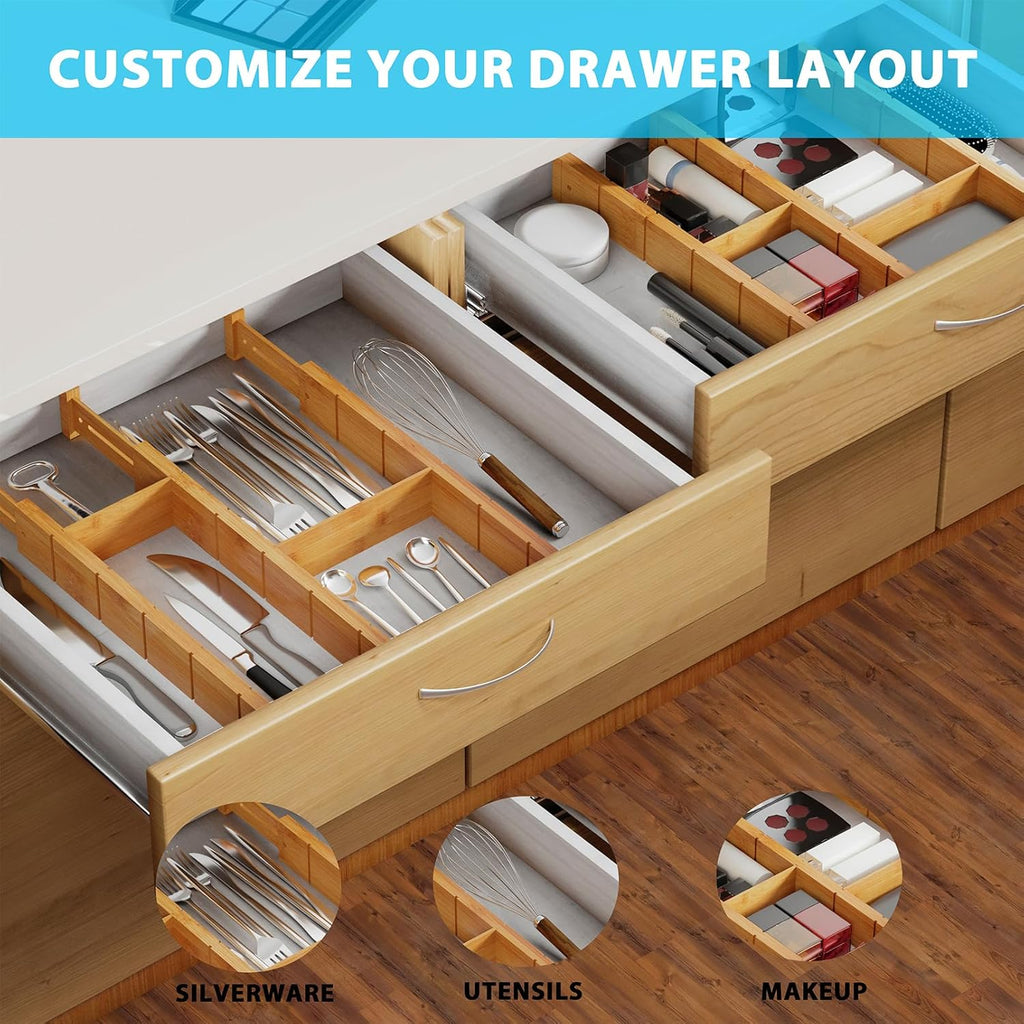 6 Pack Bamboo Drawer Dividers with 12 Inserts, Expandable Adjustable Clothes Drawer Organizers and