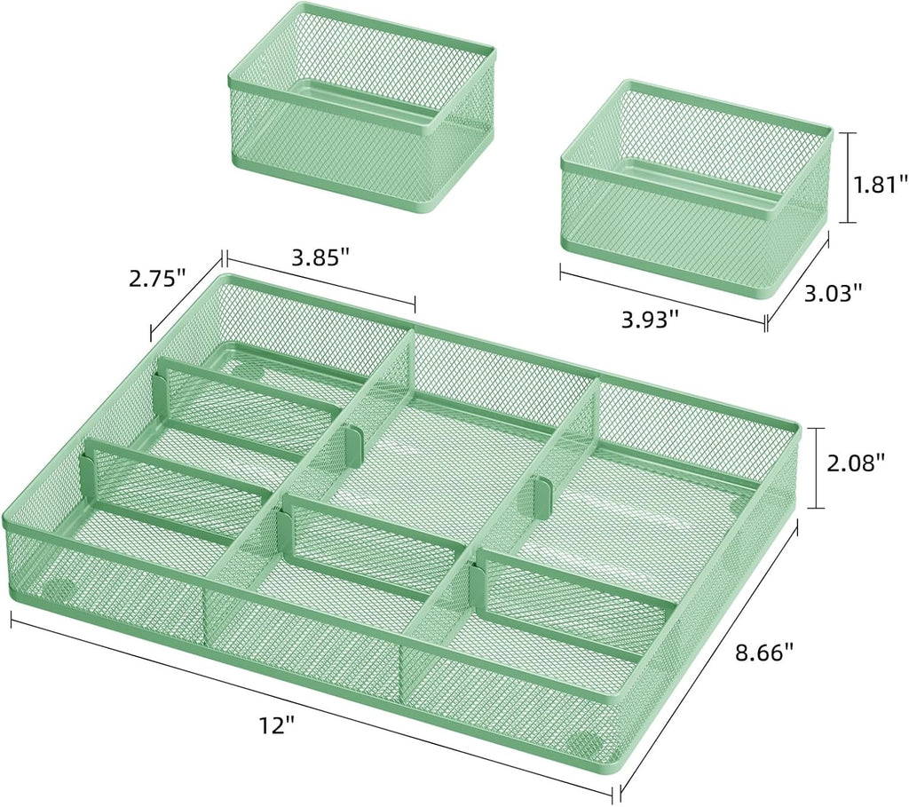 Marbrasse 3 Packs Desk Drawer Organizers, Metal Mesh Dividers with 9 Adjustable Compartments, Pen