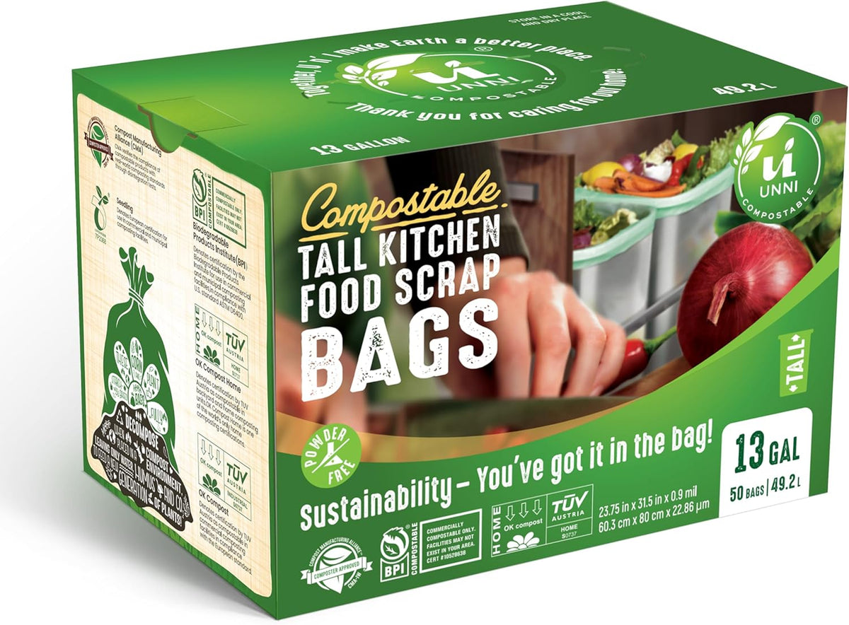 UNNI Compostable Trash Bags, 13 Gallon / 49.2 Liter, 100 Count, Extra Thick 0.9 Mil Tall Kitchen