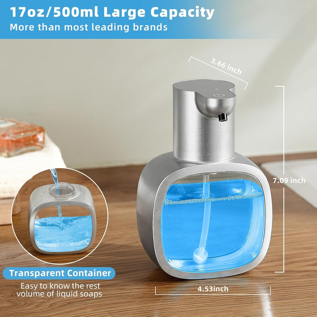 Automatic Foaming Soap Dispenser, 17oz/500ml Touchless Rechargeable with 4-Level Adjustable & IPX5
