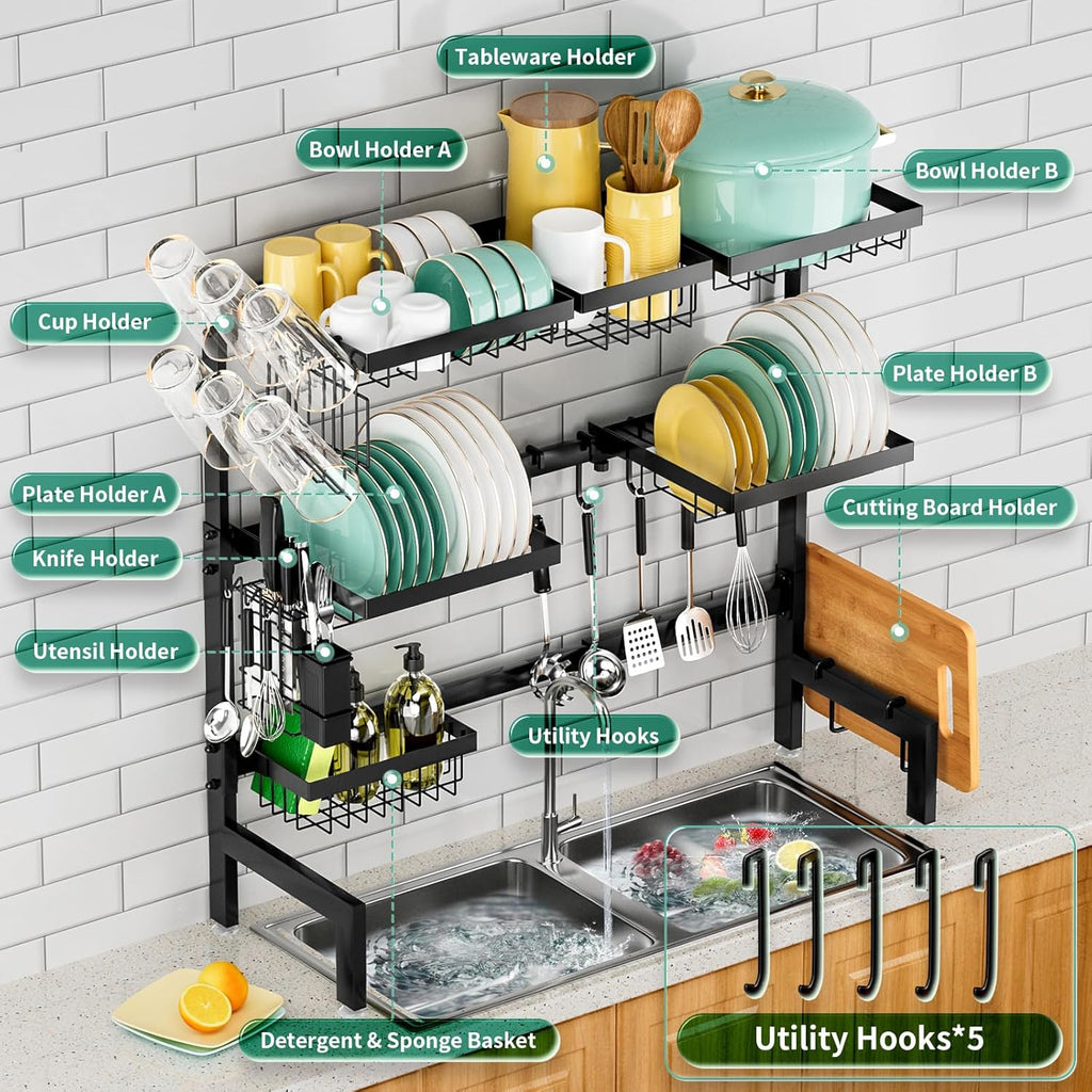 Over The Sink Dish Drying Rack,Expandable Length 3-Tier Large Stainless Steel Over The Sink Dish