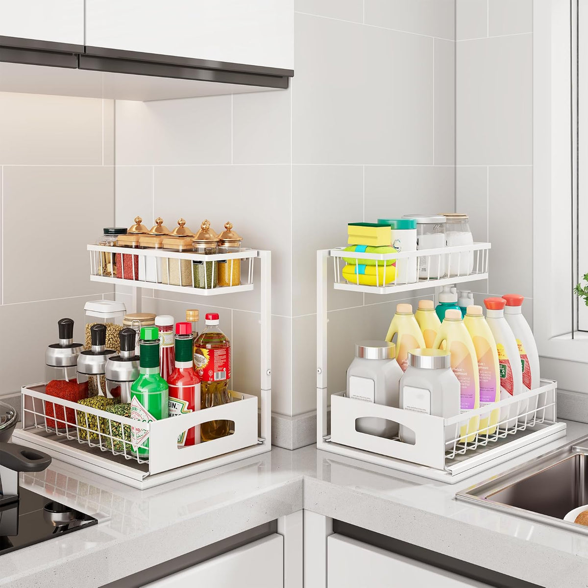 Under Sink Organizer, 2 Pack Height Adjustable Cabinet Organizer with Slide Out Drawer, Pull Out