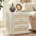 LEYAOYAO Rattan Night Stand with Drawers, 23" Large 3 Drawer Boho Nightstand, Grey White Bedside