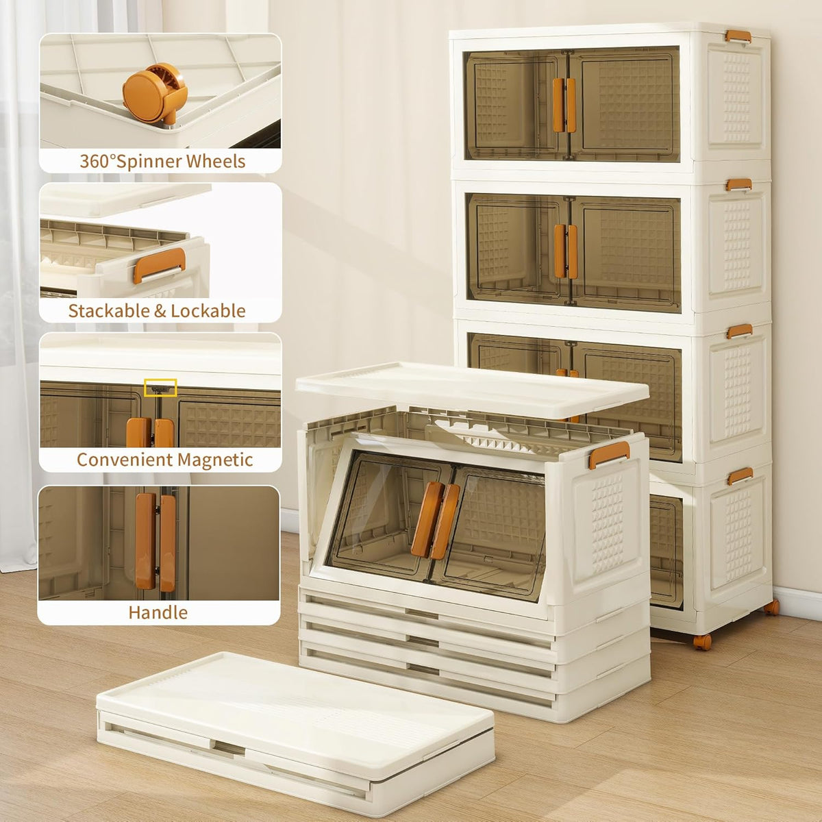 Plastic Stackable Storage Bins with Lids and Wheels, Foldable Closet Organizers and Storage