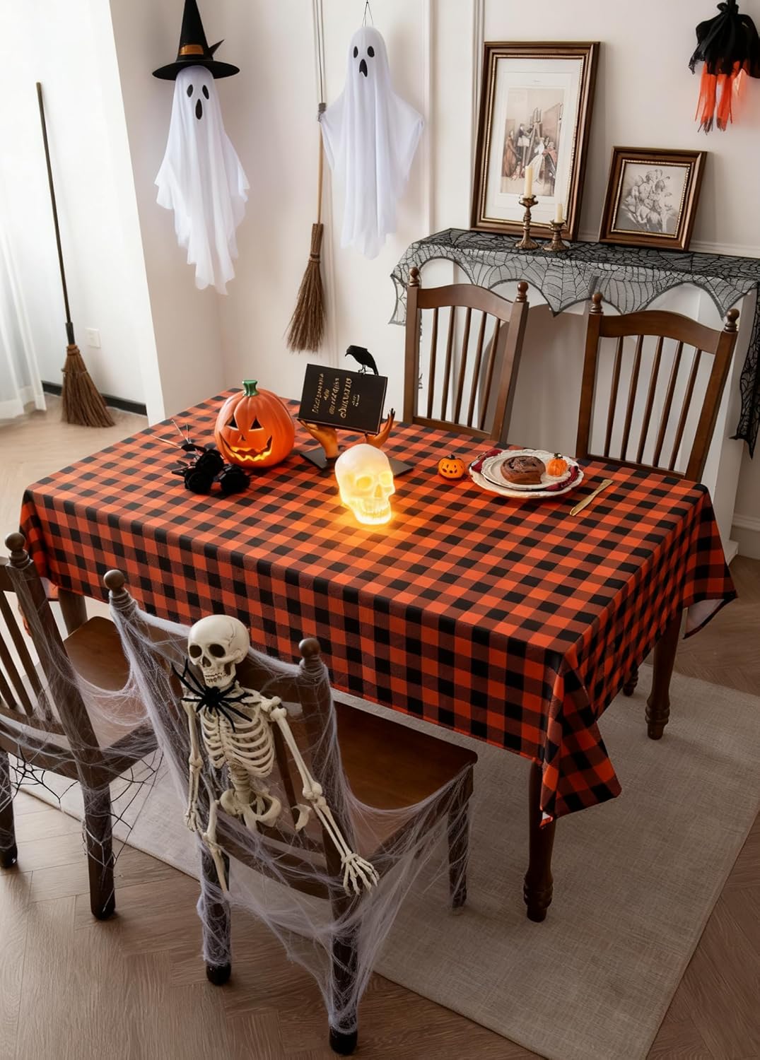Gingham Plaid Tablecloth - Rectangular 58x102 Inch Water Resistant Halloween Decorations Table