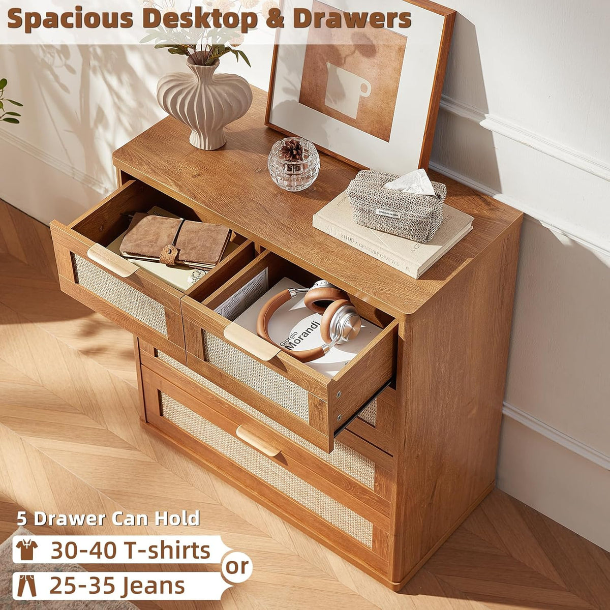 LEYAOYAO Rattan Dresser for Bedroom, 33.5" Tall Chest of Drawers, Modern 5 Drawers Boho Dressers