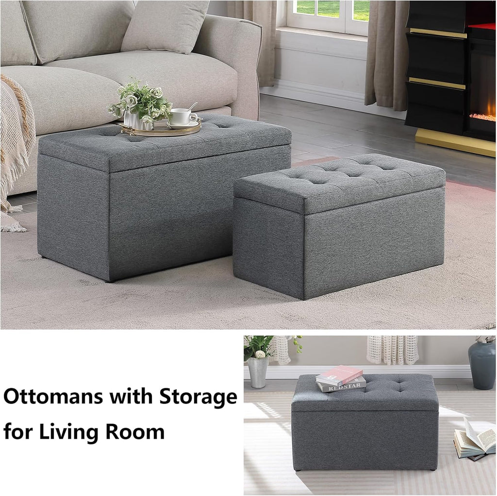 Storage Ottoman Bench with 2.56-inch Thick Seat, 31.5 inch Nesting Ottoman Set of 2, Hinged Flip