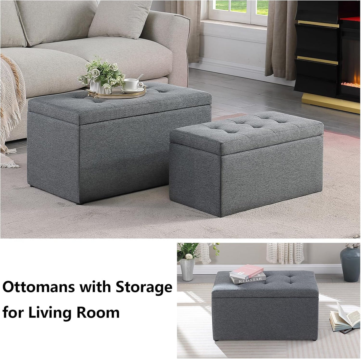 Storage Ottoman Bench with 2.56-inch Thick Seat, 31.5 inch Nesting Ottoman Set of 2, Hinged Flip