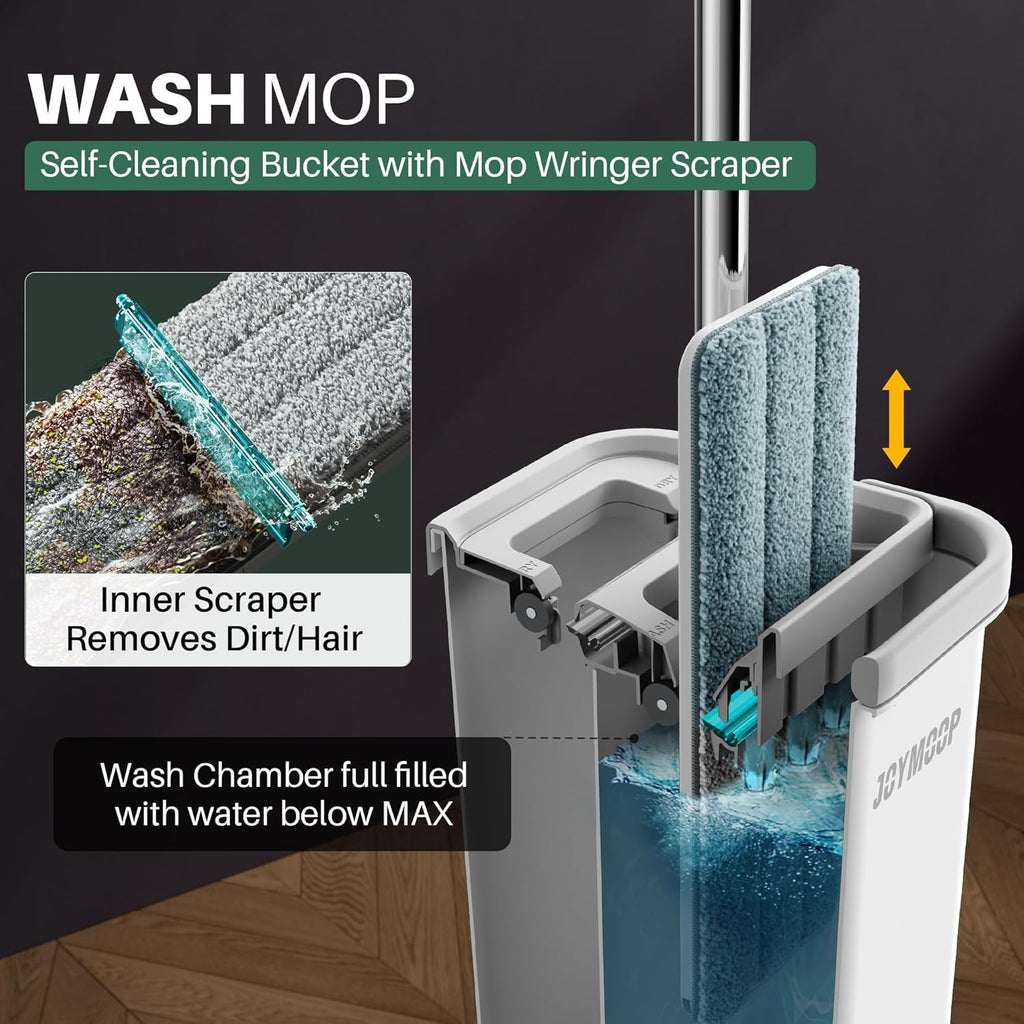 JOYMOOP White Flat Mop & Bucket with 1 Microfiber Pad, 12 Disposable Toilet Brushes, Stainless