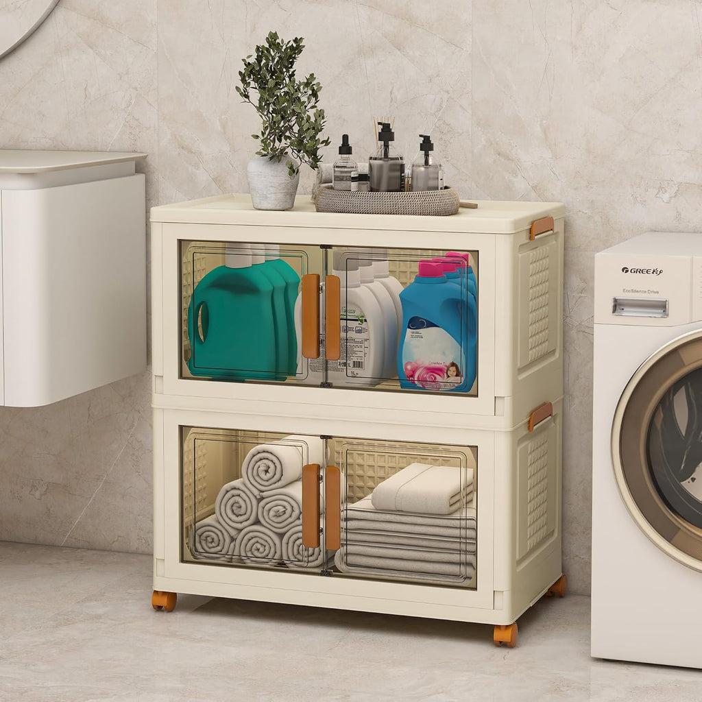Plastic Stackable Storage Bins with Lids and Wheels, Foldable Closet Organizers and Storage