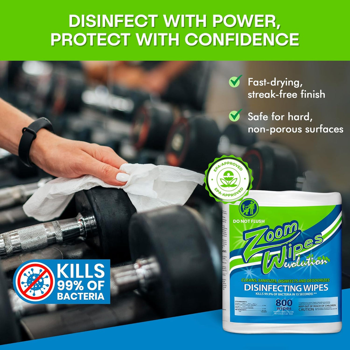 Zoom Evolution Multi-Purpose Antibacterial Wipes, 3,200 Count – 4 Rolls of 800 Wipes Each