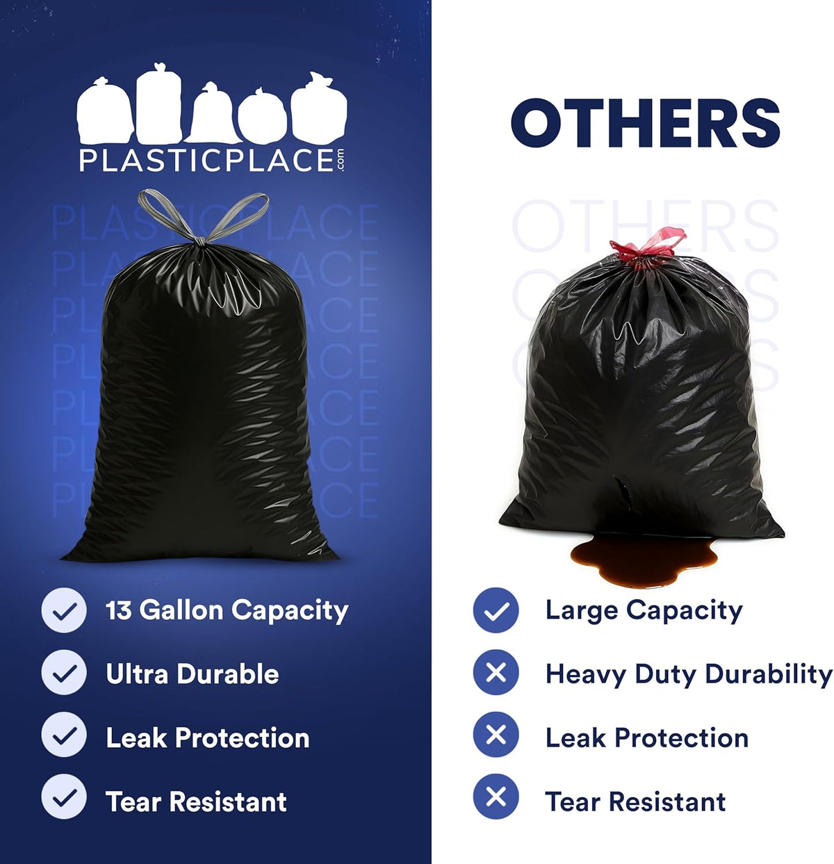 Plasticplace 13 gallon Extra Tall Drawstring Kitchen Trash Bags | Black 1.2 Mil, 24"W x 31"H
