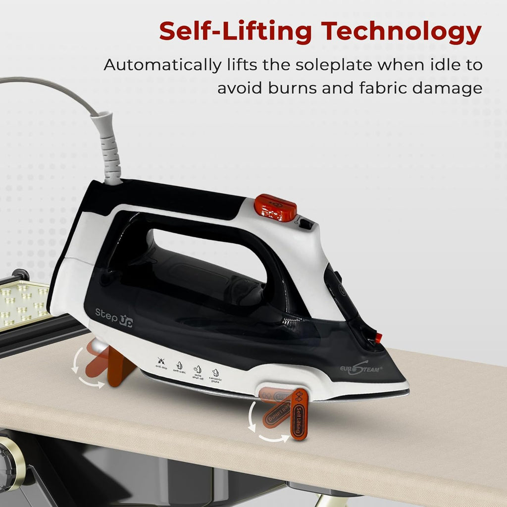 Eurosteam Step Up Iron - Self-Lifting Smart Iron with Ceramic Soleplate - Auto-Lift Safety & Smart