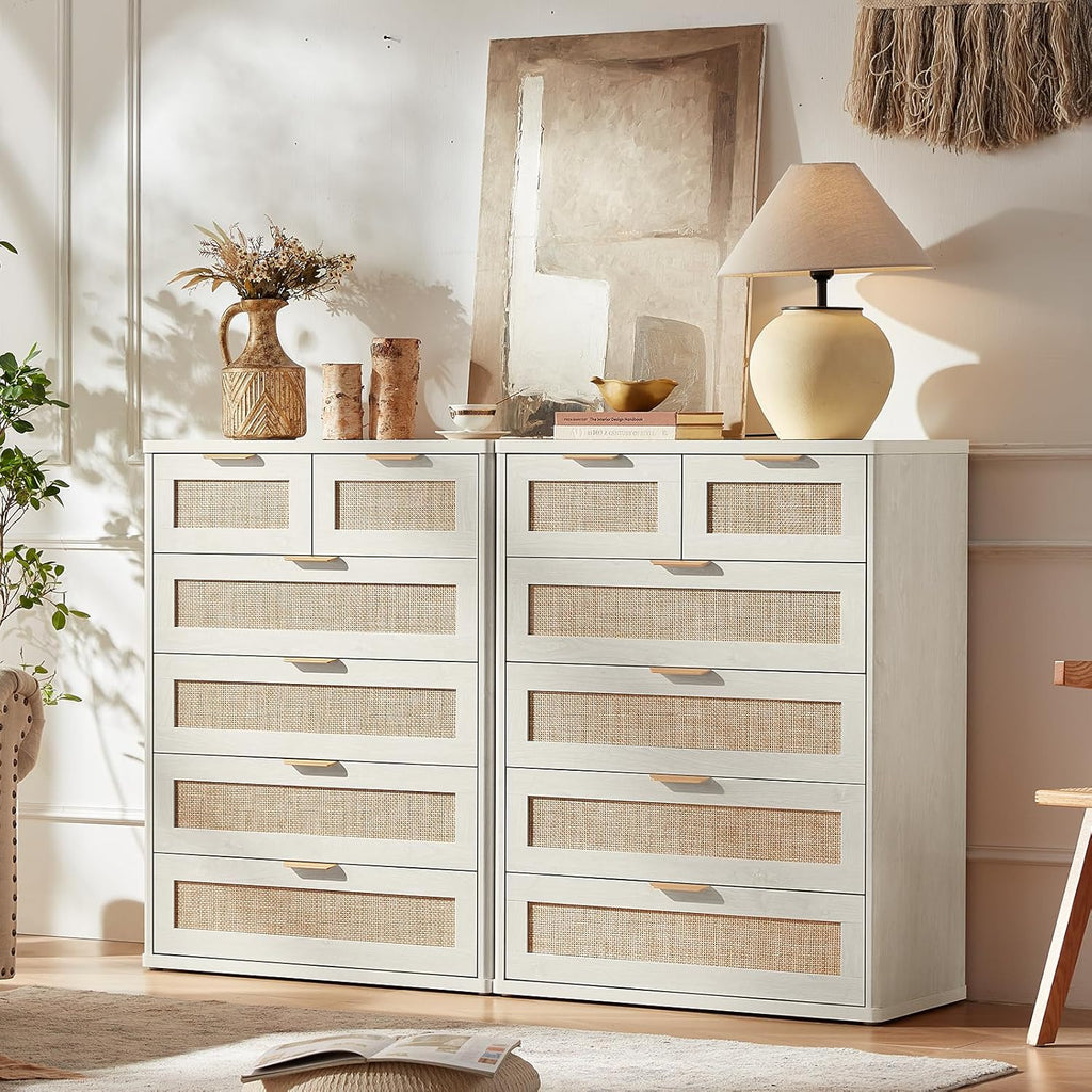LEYAOYAO White Dresser for Bedroom, 42" Tall Chest of Drawers, Modern 6 Drawers Boho Rattan