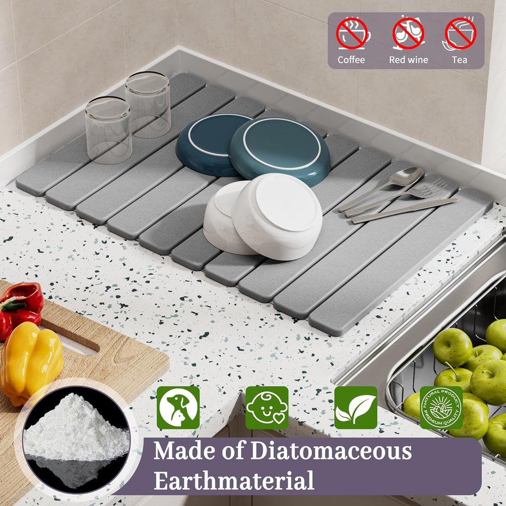 Large Stone Dish Drying Mats for Kitchen Counter – Foldable Quick Dry Stone Mat with Non-Slip Pad &