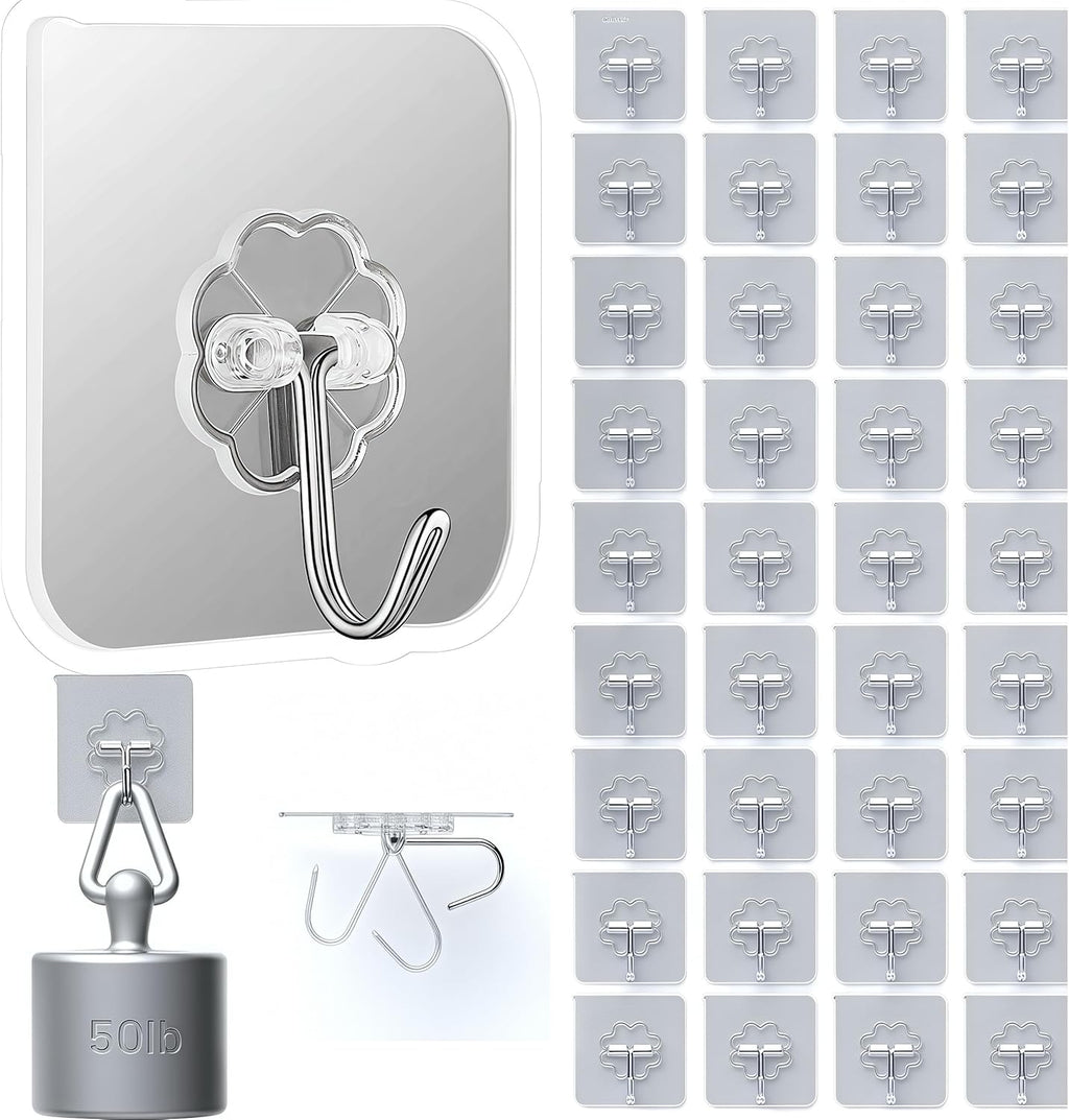DDMY 36 Pack Heavy Duty Hooks 50lb(Max) Self Adhesive Large Hooks for Hanging,Wall Transparent