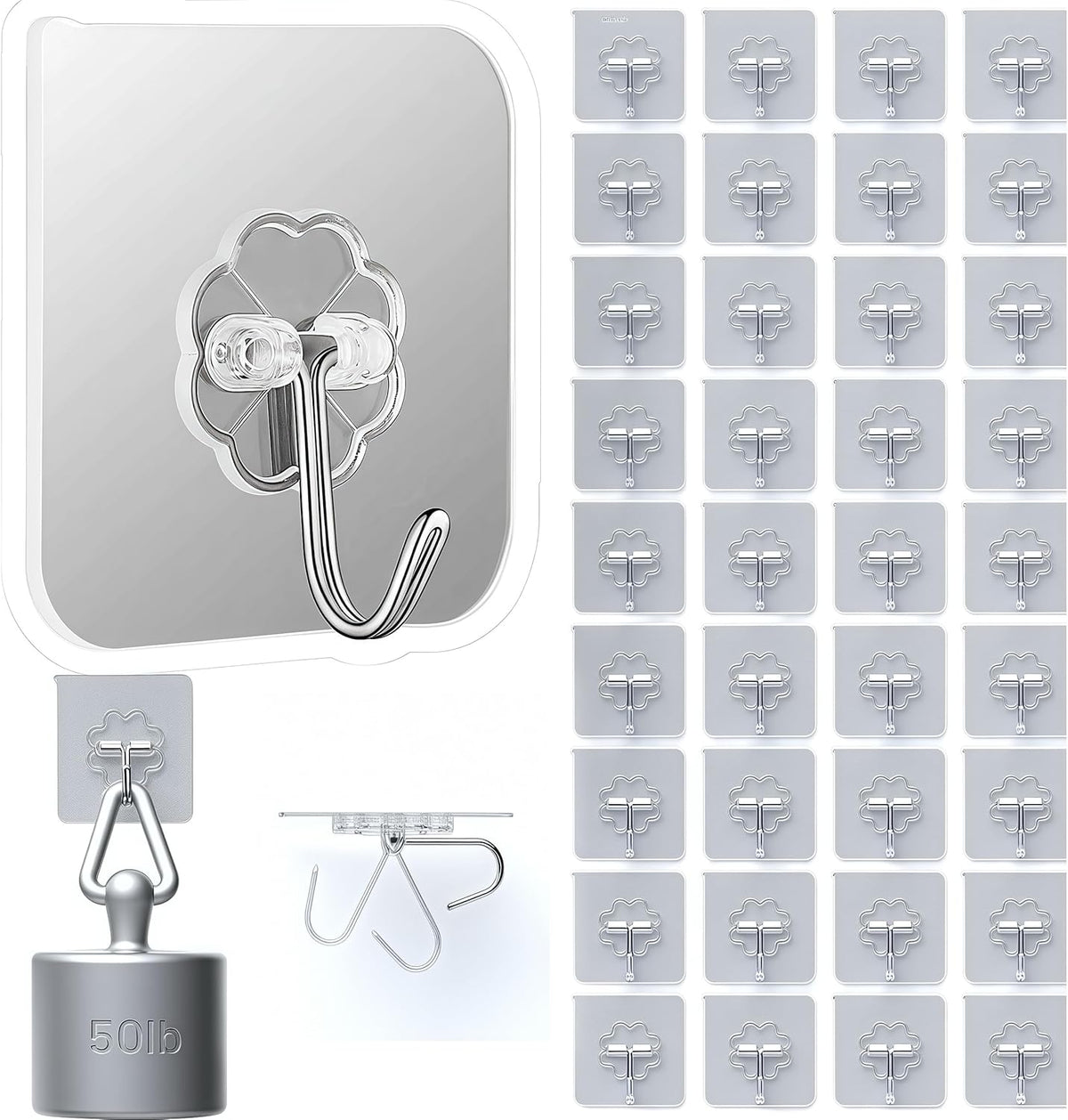 DDMY 36 Pack Heavy Duty Hooks 50lb(Max) Self Adhesive Large Hooks for Hanging,Wall Transparent