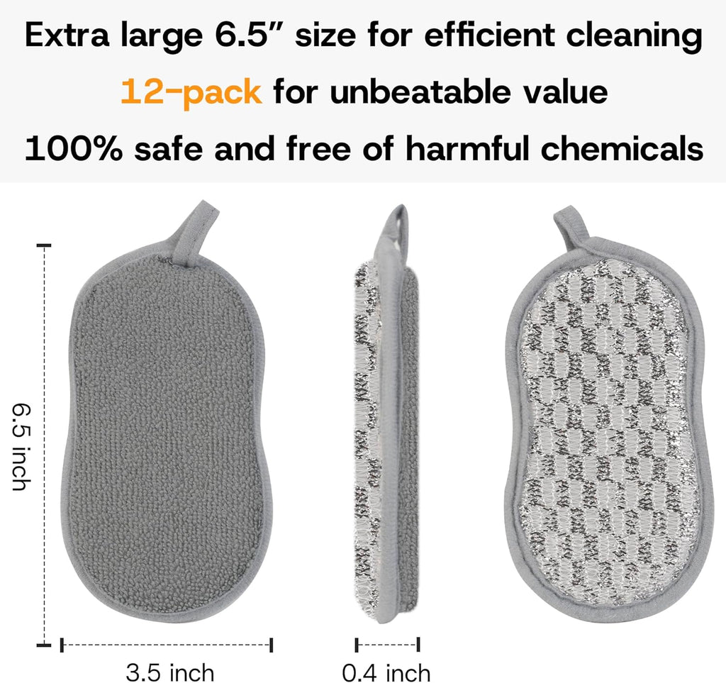 Multi-Purpose Scrub Kitchen Sponges – 12 Pack Dish Sponge, Dual-Sided Non-Scratch Microfiber &