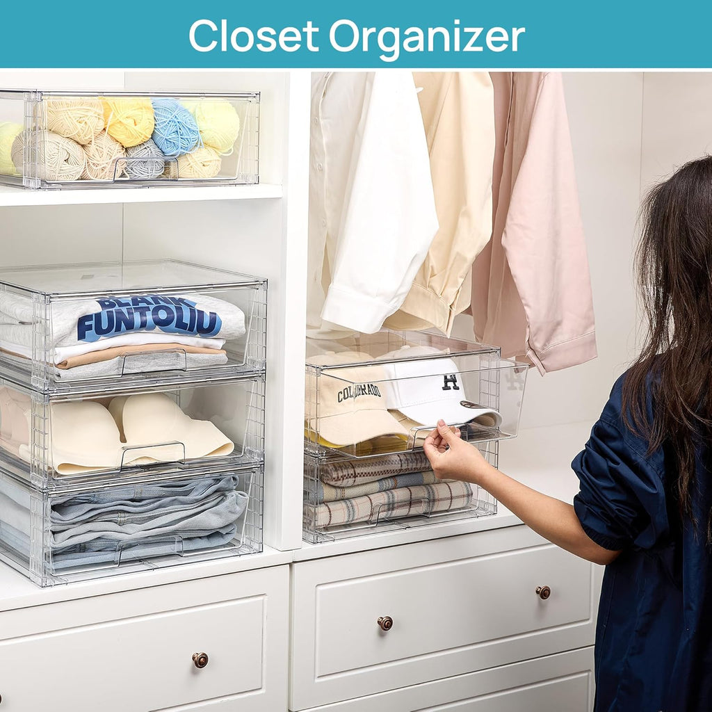 Vtopmart 4 Pack Large Stackable Storage Drawers,Easily Assemble Acrylic Bathroom Closet Undersink